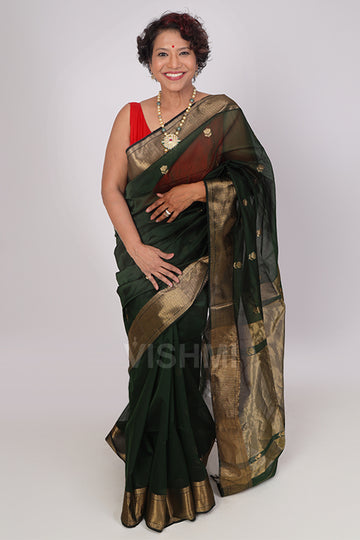 Bottle Green Handloom Maheshwari Lotus Butti Saree
