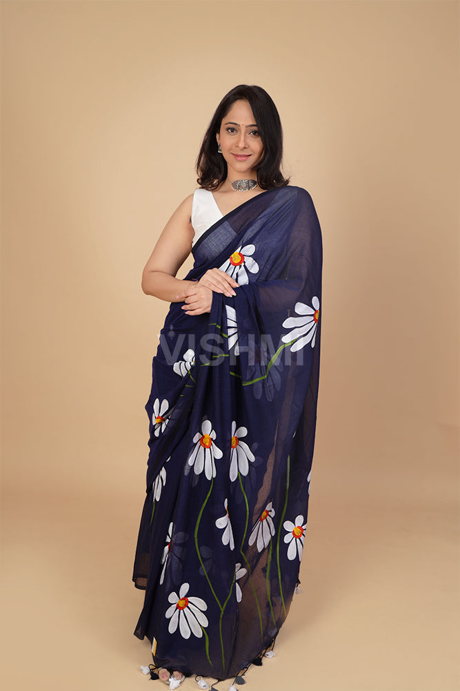 Dark Blue Mul Daisy Handpainted Saree