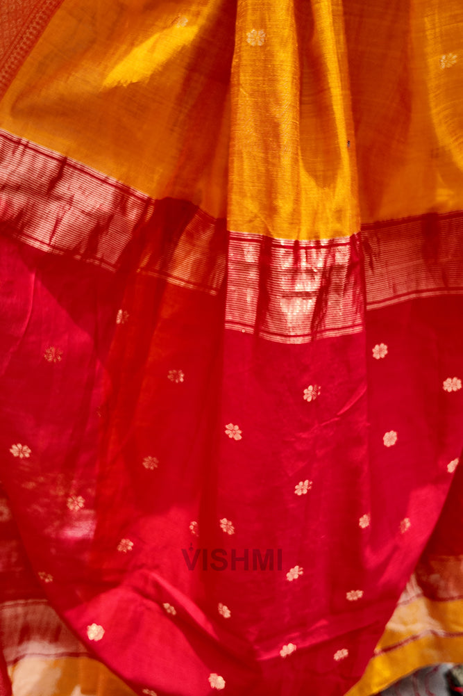 Red and Yellow Maheshwari Zari Butti Handloom Saree