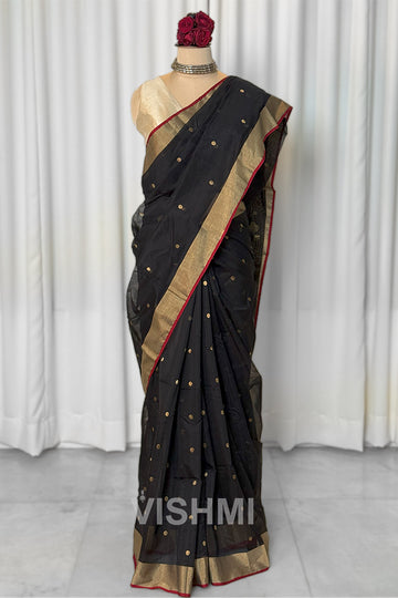 Black Handloom Chanderi Silk Cotton Saree