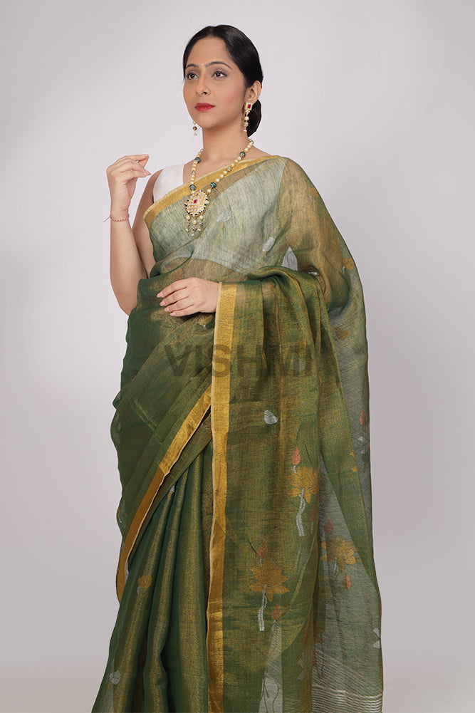 Lotus Green Handloom Tissue Linen Saree