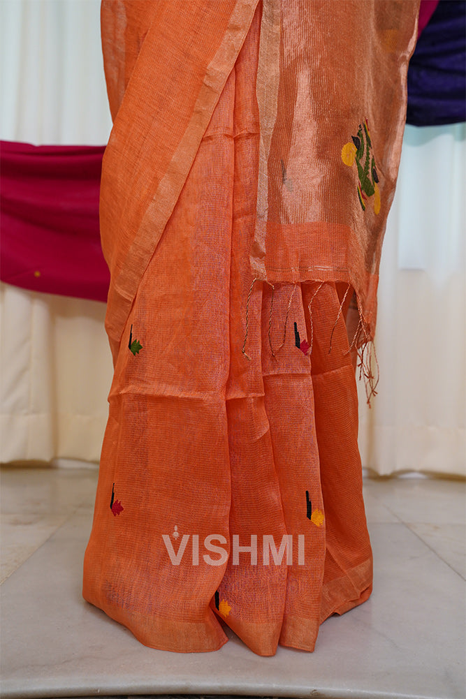 Peach Handloom Silk Tissue Linen Peacock Paithani Pallu Saree