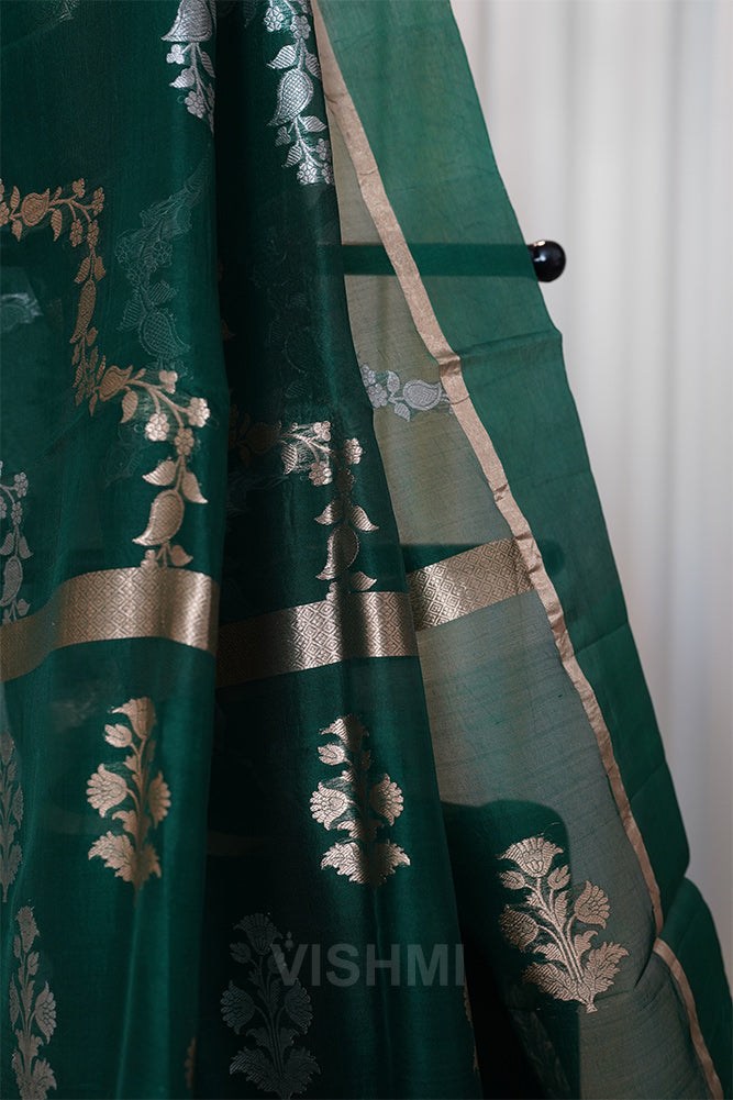 Bottle Green Kora Silk Kadwa Sona Roopa Banarasi Saree