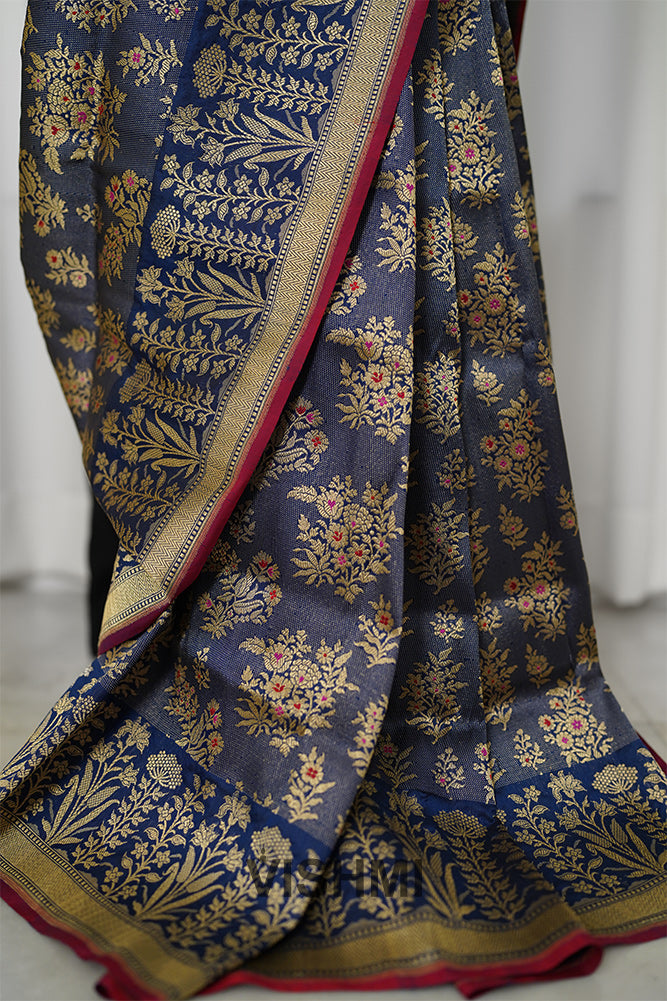 Midnight Blue Pure Silk Kadwa Brocade Banarasi Saree