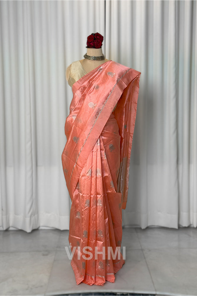 Peach Handloom Chanderi Pure Silk Saree