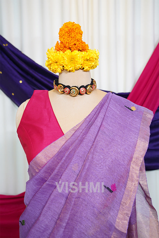 Light Purple Handloom Silk Tissue Linen Peacock Paithani Pallu Saree
