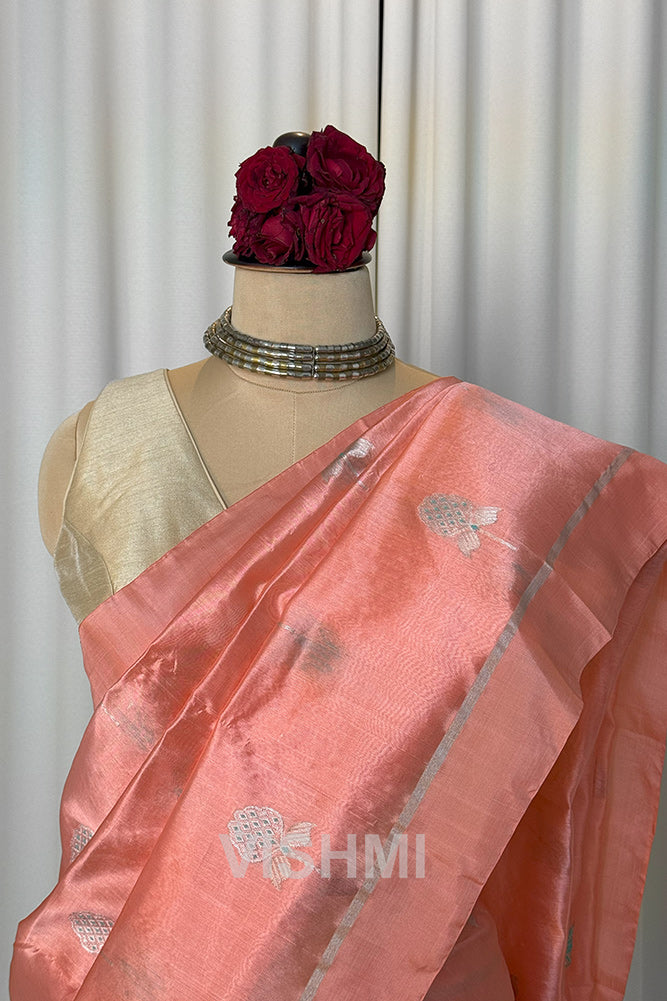 Peach Handloom Chanderi Pure Silk Saree