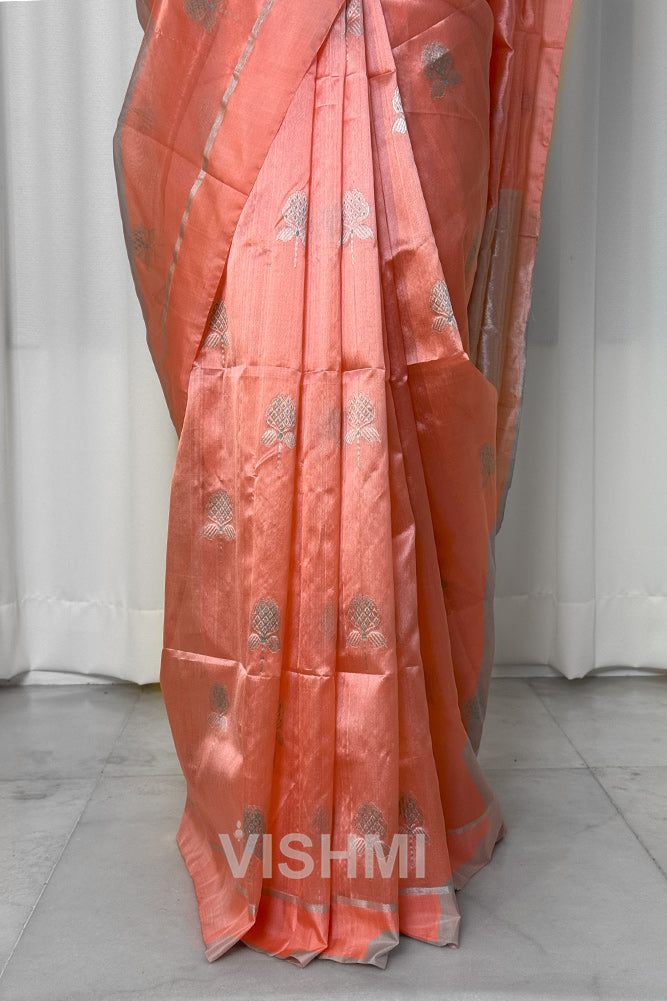 Peach Handloom Chanderi Pure Silk Saree