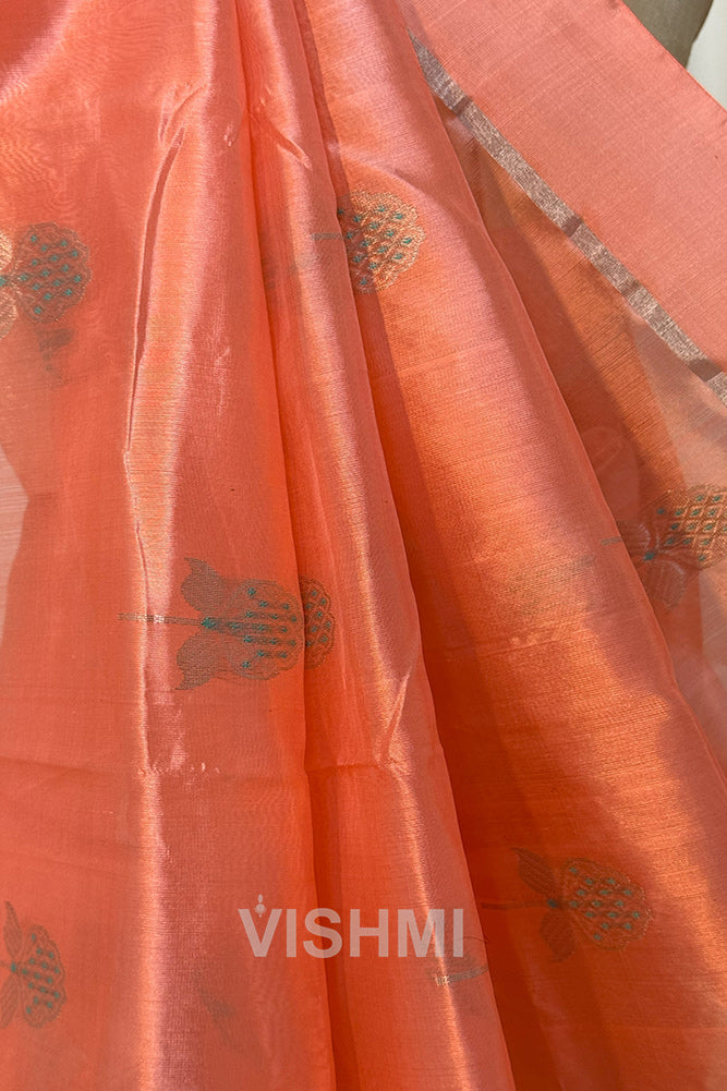 Peach Handloom Chanderi Pure Silk Saree
