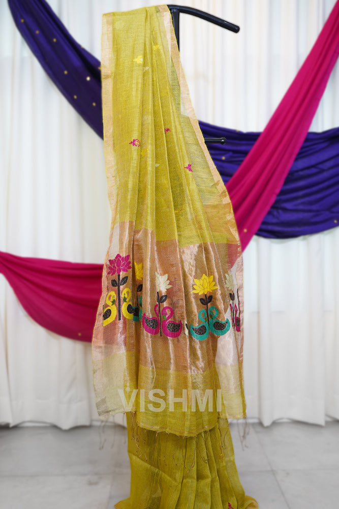 Lime Green Handloom Silk Tissue Linen Swan Paithani Pallu Saree