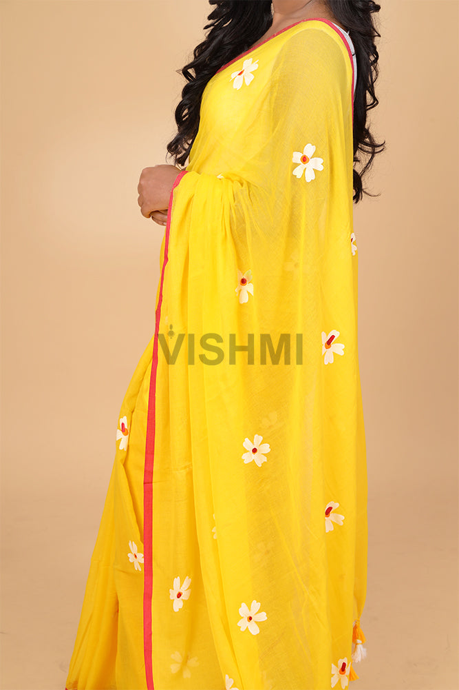 Yellow  Mul Cotton Handpainted Parijat Saree