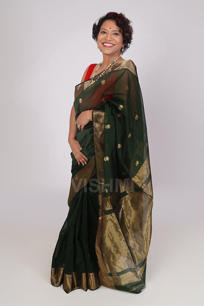 Bottle Green Handloom Maheshwari Lotus Butti Saree