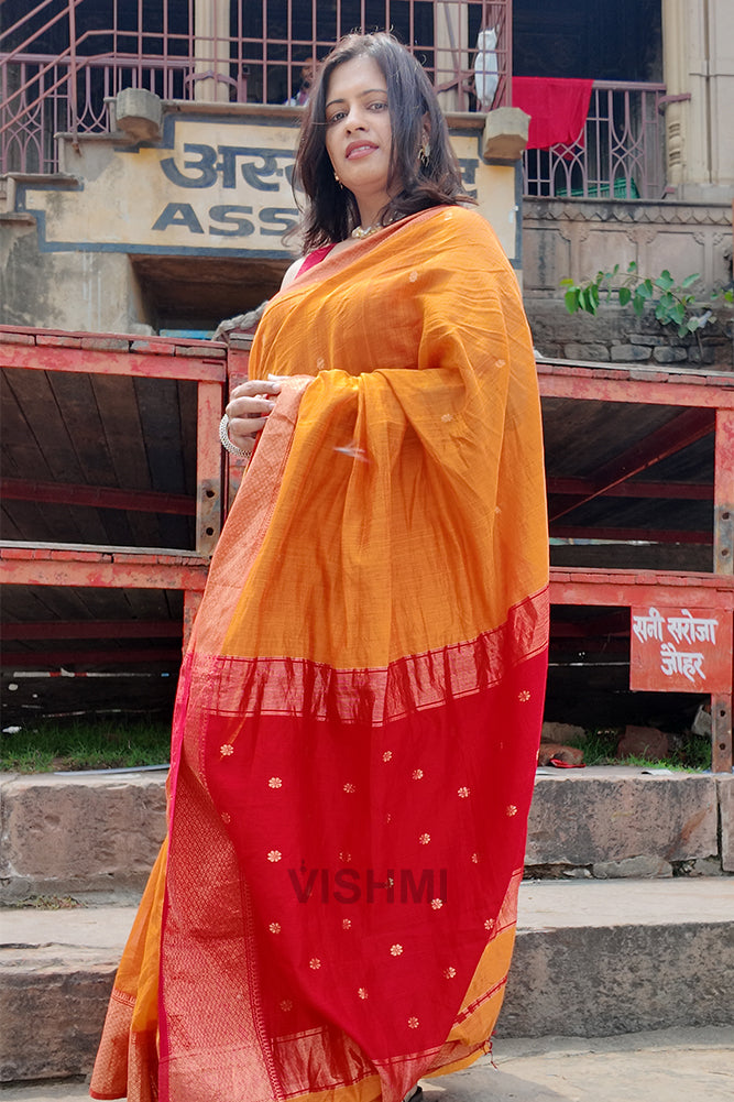 Red and Yellow Maheshwari Zari Butti Handloom Saree