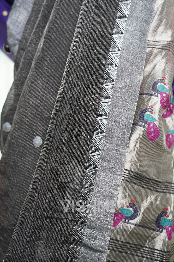 Black Handloom Silk Tissue Linen Peacock Paithani Pallu Saree