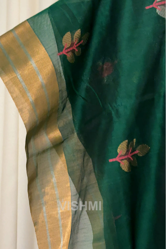 Bottle Green Handloom Chanderi Silk Cotton Saree