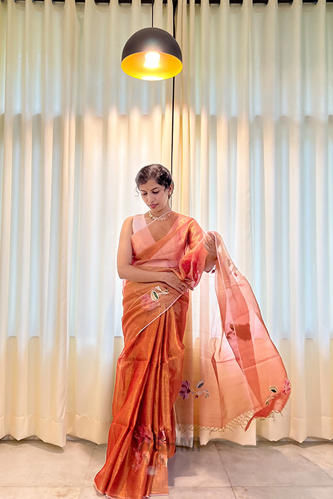 Orange Pure Metallic Muslin Silk Saree with Lotus Hand Embroidery