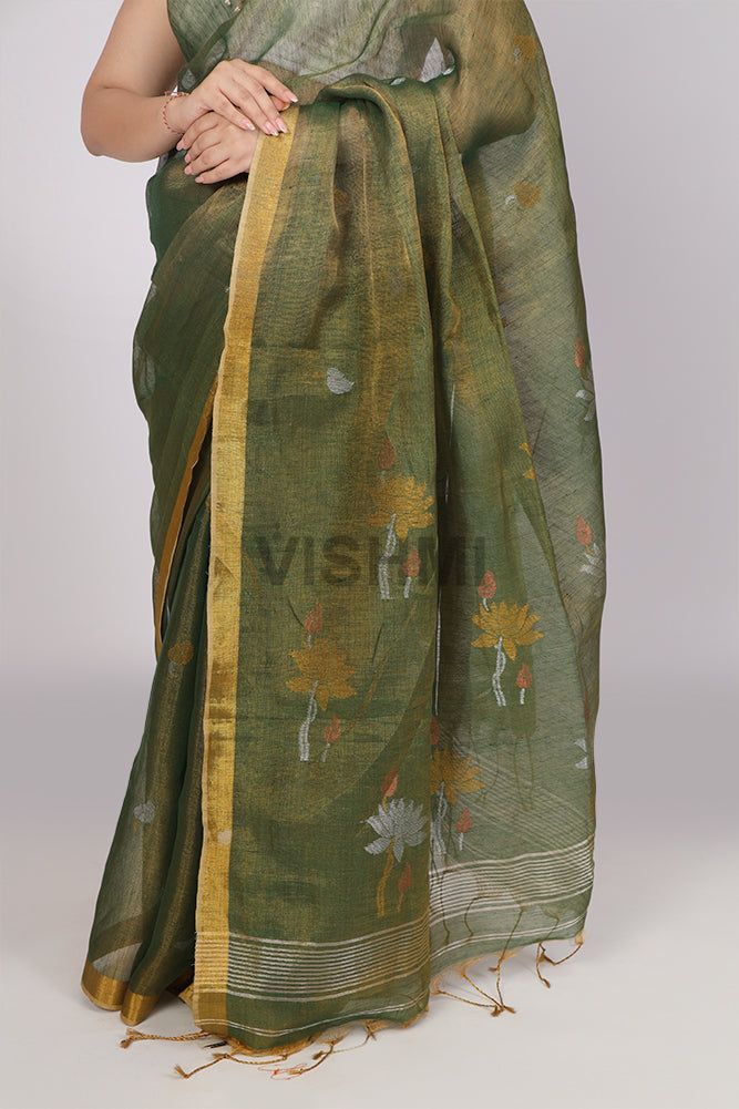 Lotus Green Handloom Tissue Linen Saree