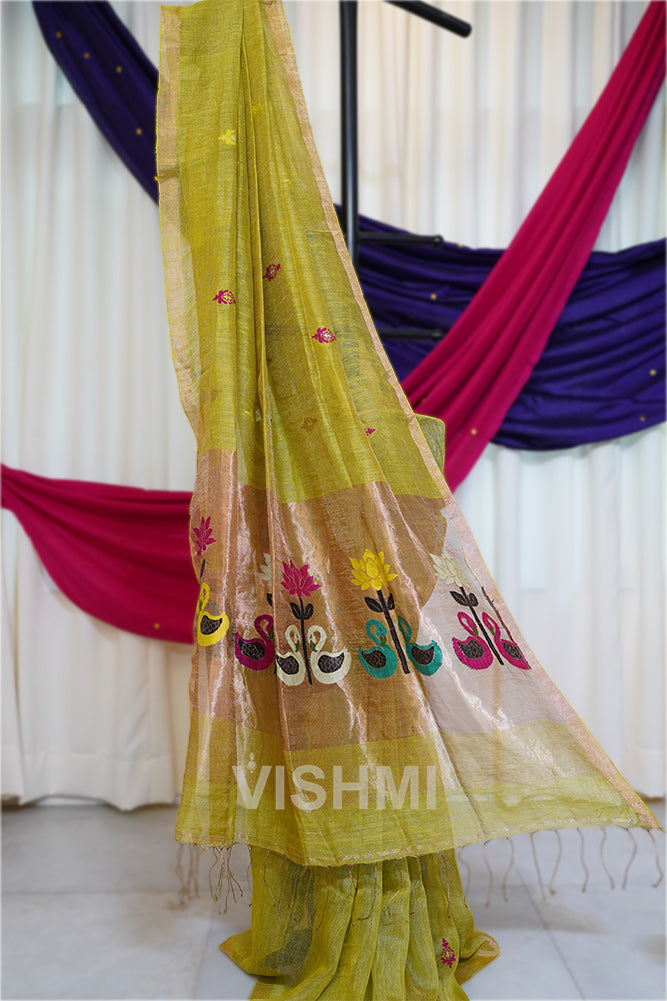 Lime Green Handloom Silk Tissue Linen Swan Paithani Pallu Saree