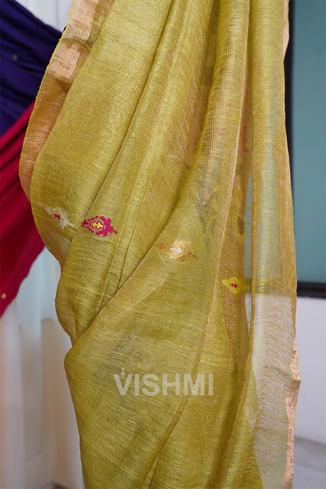 Lime Green Handloom Silk Tissue Linen Swan Paithani Pallu Saree