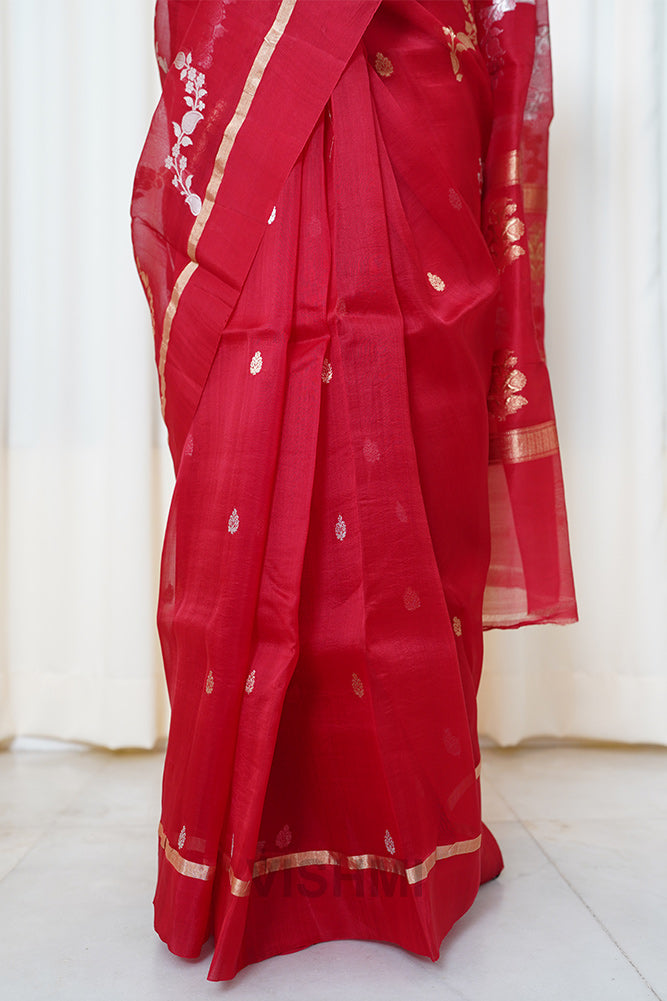 Red Kora Silk Kadwa Jal Sona Roopa Banarasi Saree