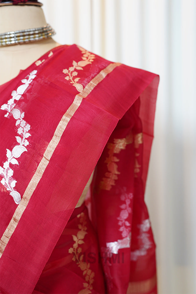 Red Kora Silk Kadwa Jal Sona Roopa Banarasi Saree