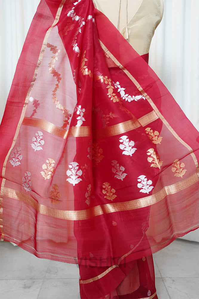 Red Kora Silk Kadwa Jal Sona Roopa Banarasi Saree