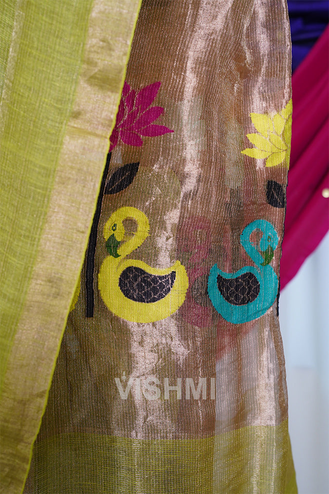 Lime Green Handloom Silk Tissue Linen Swan Paithani Pallu Saree