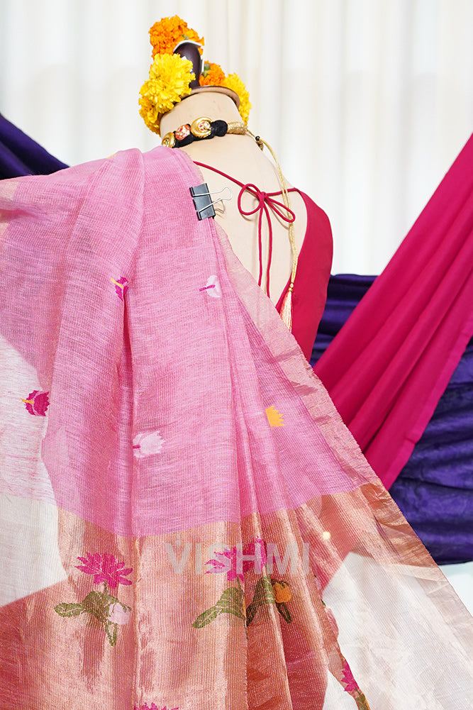 Pink Handloom Silk Tissue Linen Lotus Paithani Pallu Saree