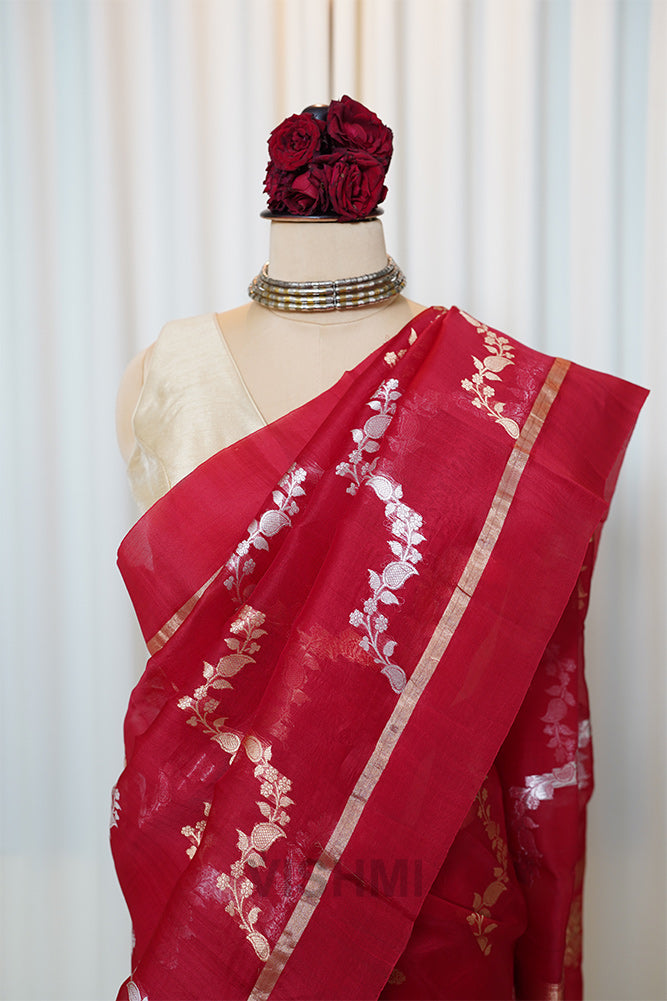 Red Kora Silk Kadwa Jal Sona Roopa Banarasi Saree