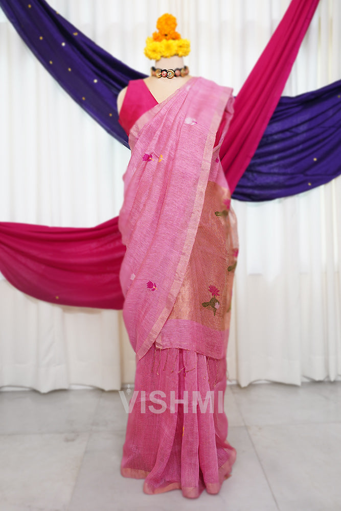 Pink Handloom Silk Tissue Linen Lotus Paithani Pallu Saree