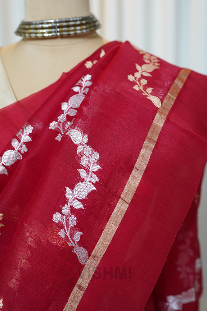 Red Kora Silk Kadwa Jal Sona Roopa Banarasi Saree