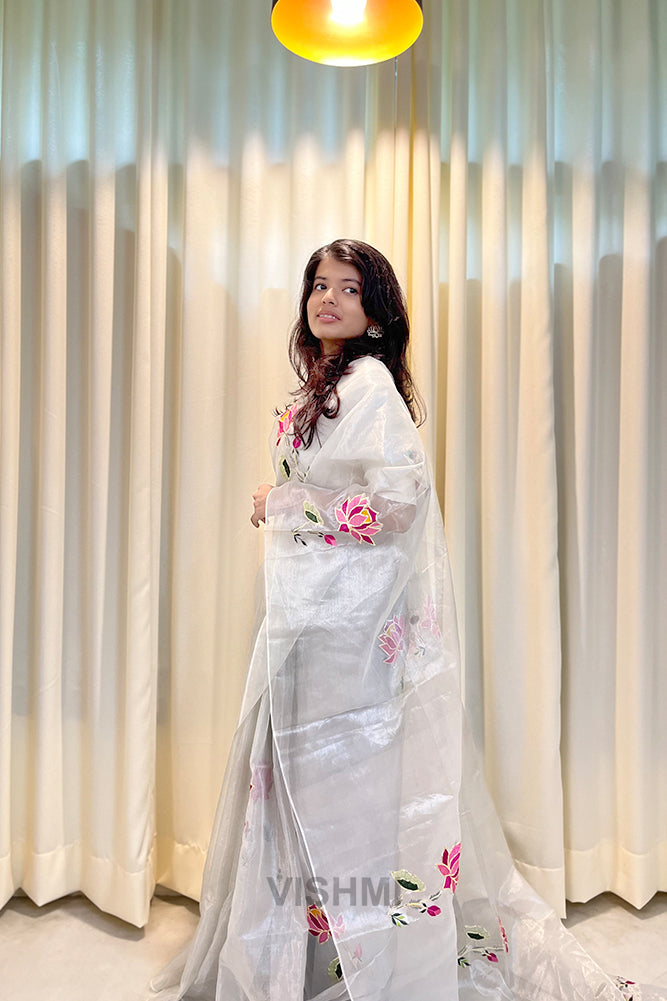 White Pure Metallic Muslin Silk Saree with Lotus Hand Embroidery