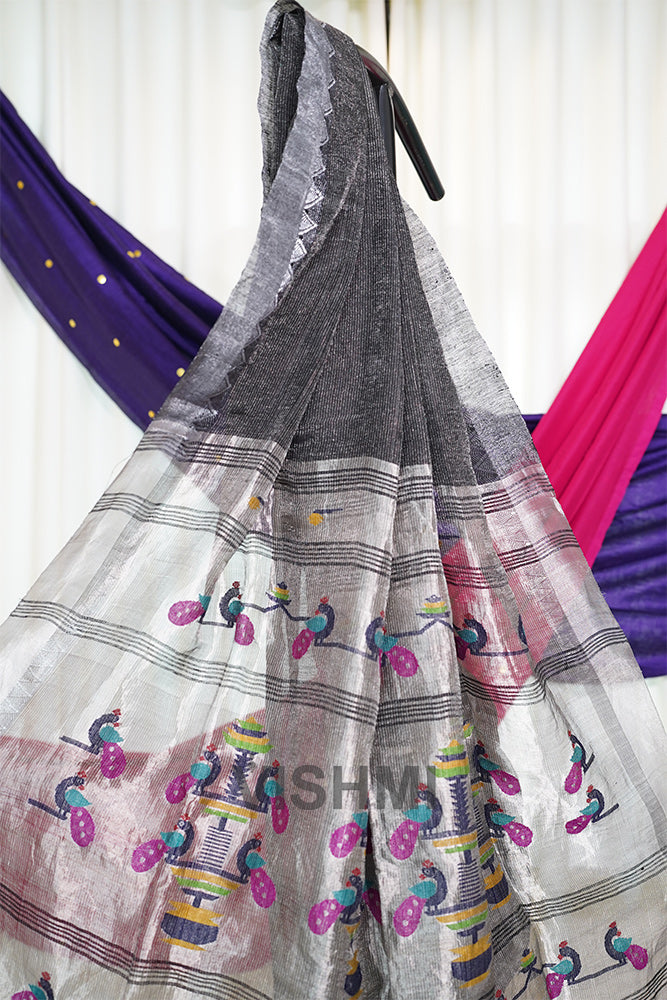 Black Handloom Silk Tissue Linen Peacock Paithani Pallu Saree