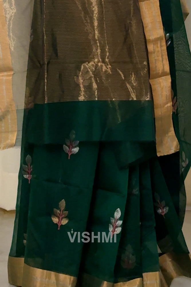 Bottle Green Handloom Chanderi Silk Cotton Saree