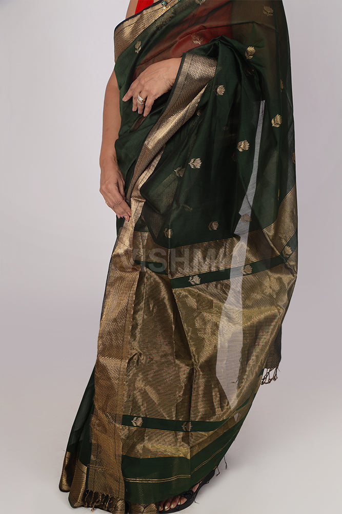 Bottle Green Handloom Maheshwari Lotus Butti Saree