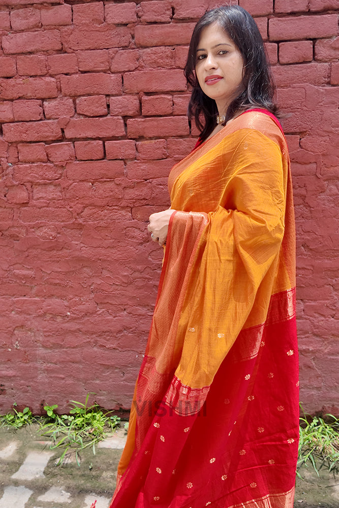 Red and Yellow Maheshwari Zari Butti Handloom Saree