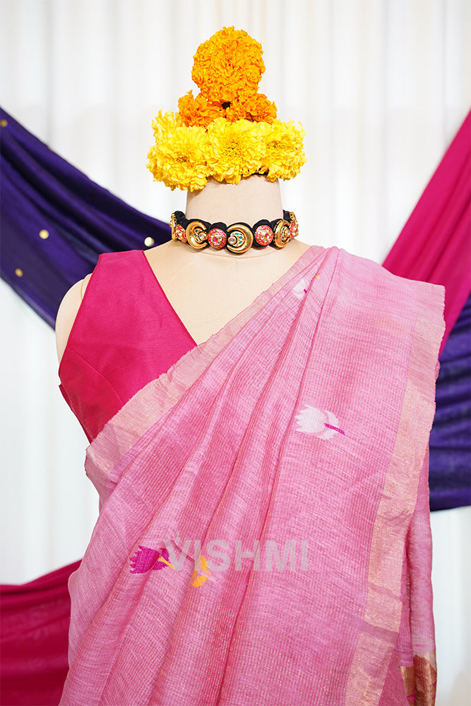 Pink Handloom Silk Tissue Linen Lotus Paithani Pallu Saree