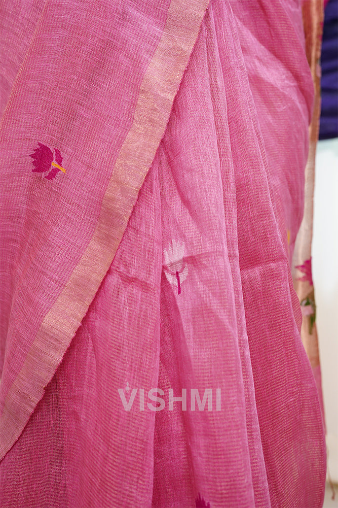 Pink Handloom Silk Tissue Linen Lotus Paithani Pallu Saree