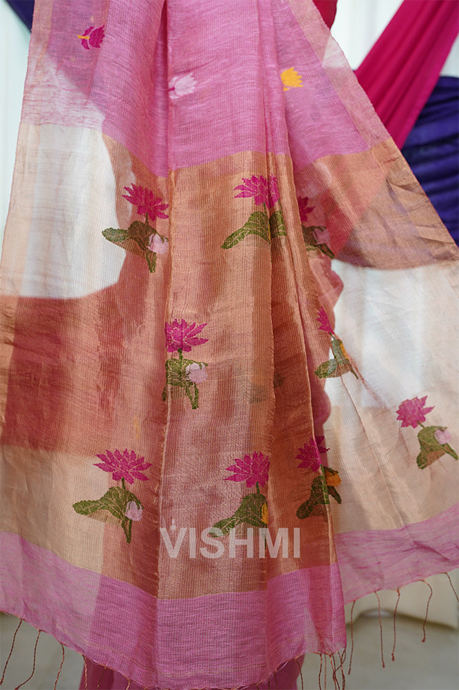 Pink Handloom Silk Tissue Linen Lotus Paithani Pallu Saree