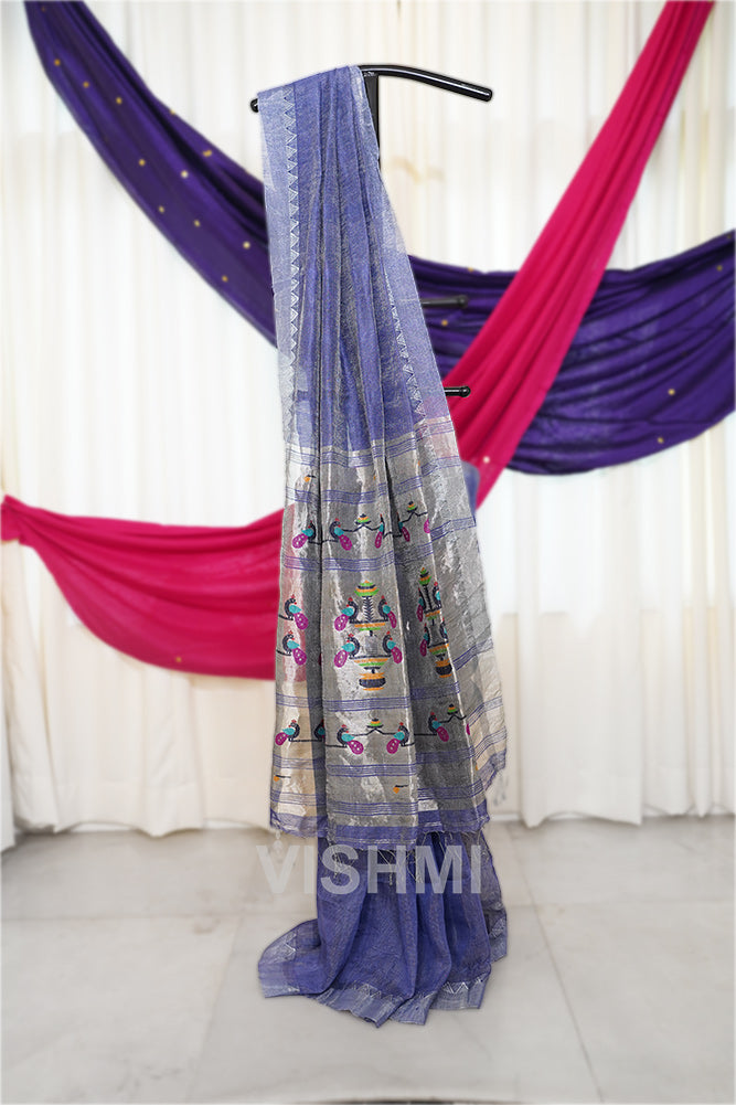 Slate Blue Handloom Silk Tissue Linen Peacock Paithani Pallu Saree