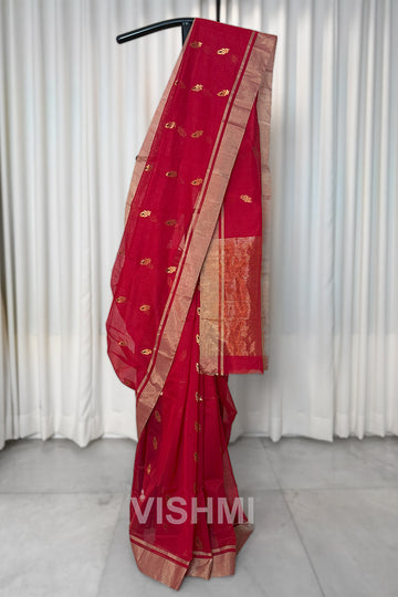 Red Handloom Chanderi Silk Cotton Saree