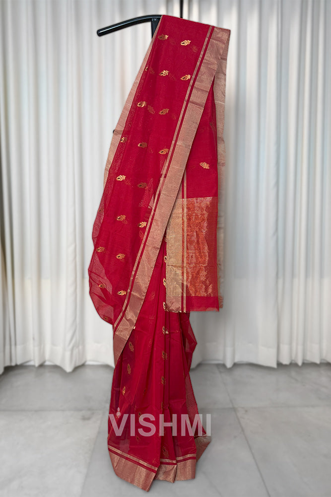 Red Handloom Chanderi Silk Cotton Saree