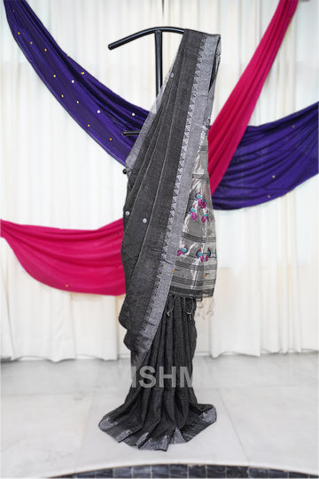 Black Handloom Silk Tissue Linen Peacock Paithani Pallu Saree