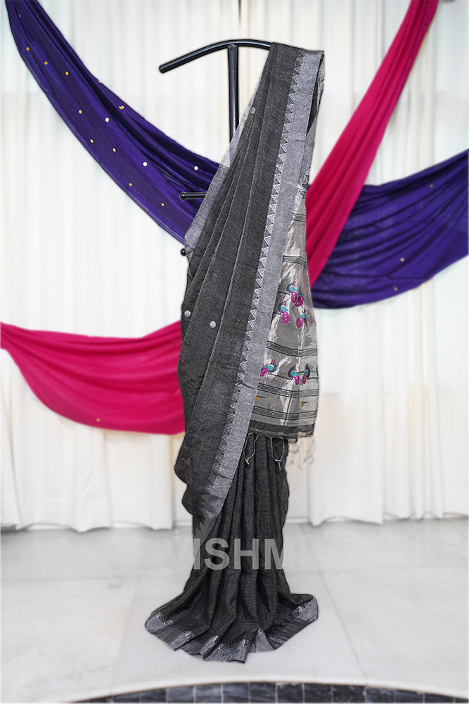 Black Handloom Silk Tissue Linen Peacock Paithani Pallu Saree