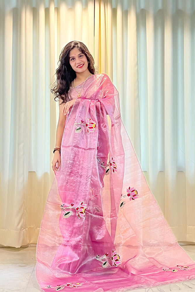 Purple Pure Metallic Muslin Silk Saree with Lotus Hand Embroidery