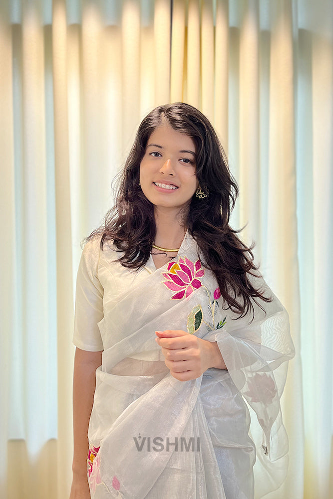 White Pure Metallic Muslin Silk Saree with Lotus Hand Embroidery