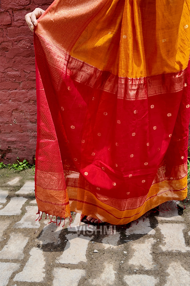 Red and Yellow Maheshwari Zari Butti Handloom Saree