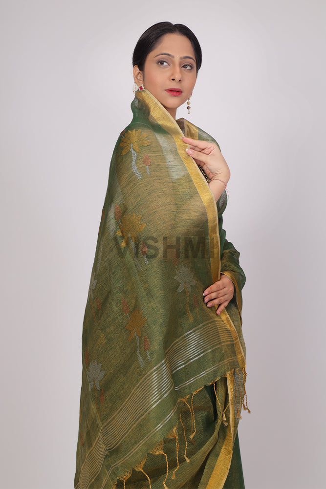Lotus Green Handloom Tissue Linen Saree