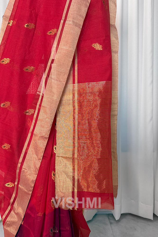 Red Handloom Chanderi Silk Cotton Saree