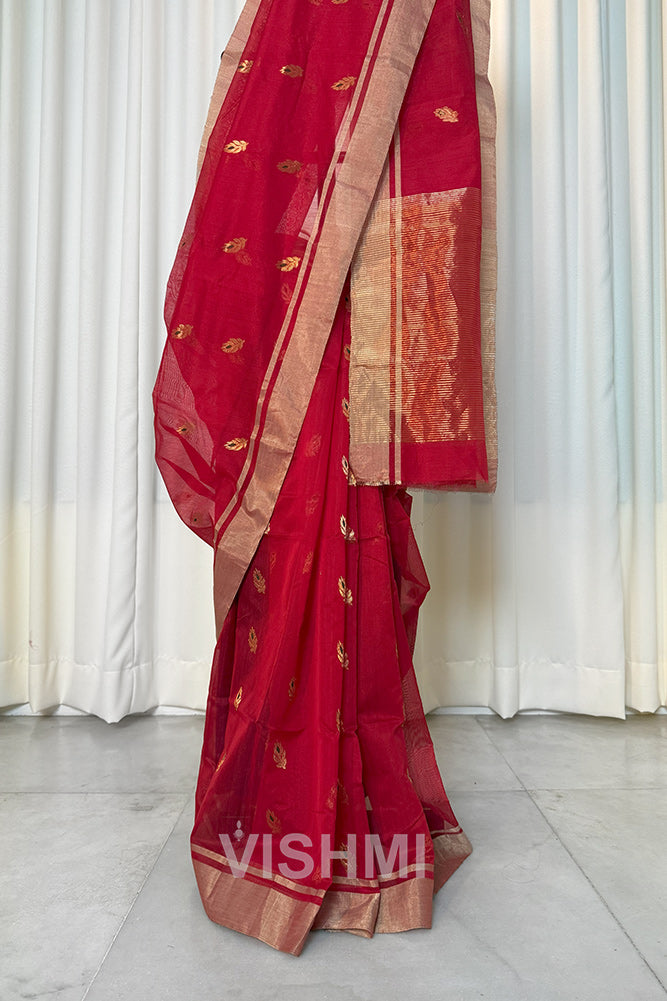 Red Handloom Chanderi Silk Cotton Saree